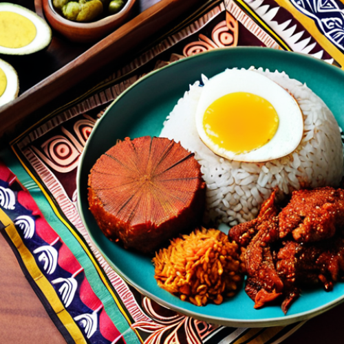 **Instagram Feed:** "A perfectly styled flat lay of Nasi Lemak, with vibrant colours and traditional Malaysian batik in the background. Focus on fresh ingredients and appealing presentation."