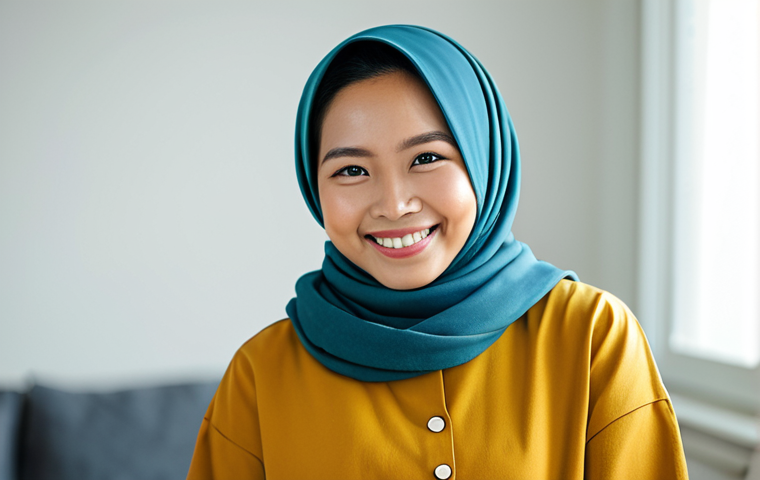 A Malaysian female content creator, mid-shot, wearing modest, stylish casual attire, smiling genuinely and engaging directly with the camera. She is in a cozy, well-lit home studio with a soft background blur, reflecting authenticity and community engagement. Professional photography, high resolution, vibrant colors, soft lighting. fully clothed, appropriate attire, safe for work, perfect anatomy, natural proportions, well-formed hands, proper finger count, family-friendly, appropriate content.