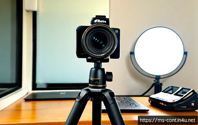1인 크리에이터 장비 추천 - Photorealistic home studio setup for a Malaysian solo content creator, a compact mirrorless camera o...